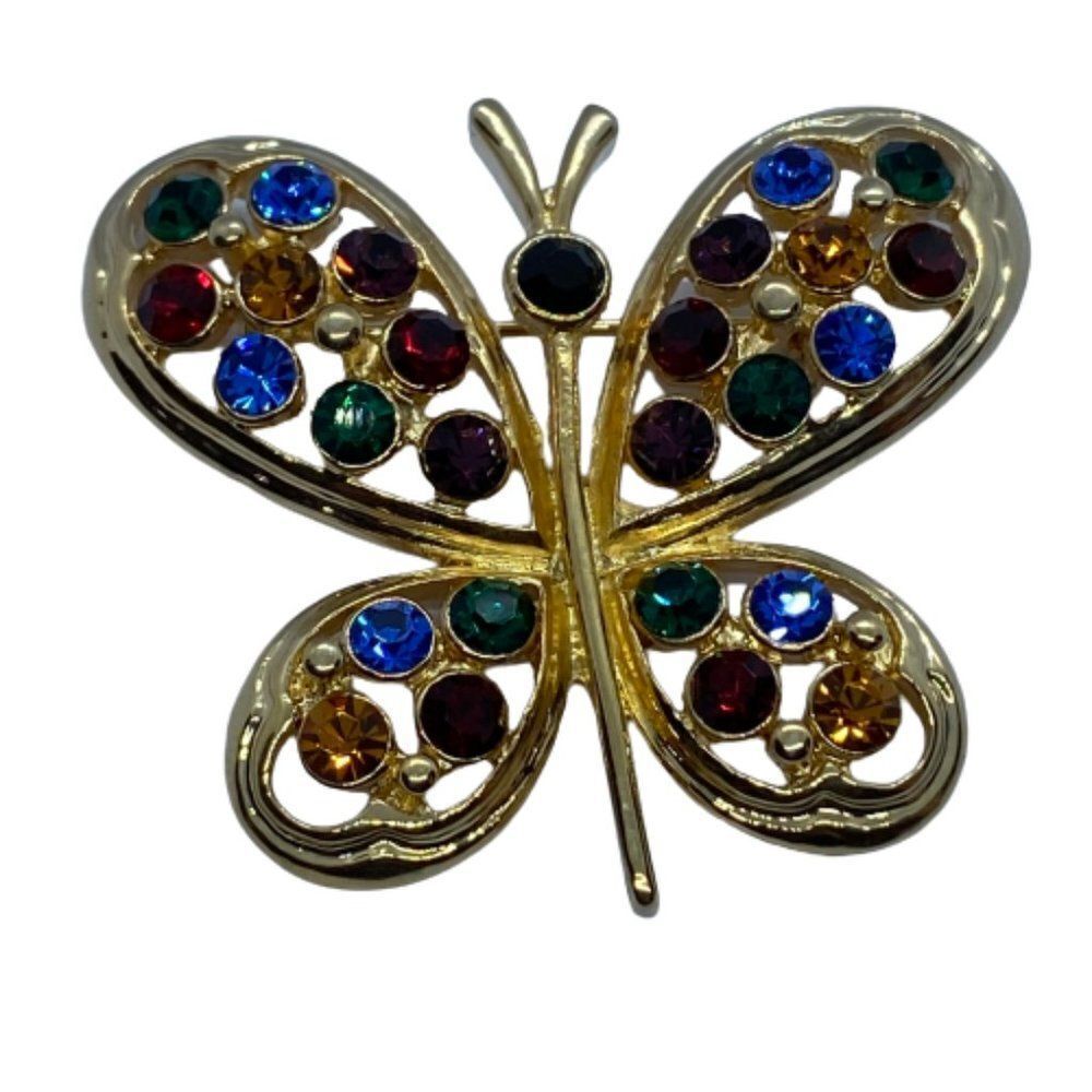 Eisenberg Ice Gold Tone Colorful Rhinestone Covered Butterfly Brooch / Pin